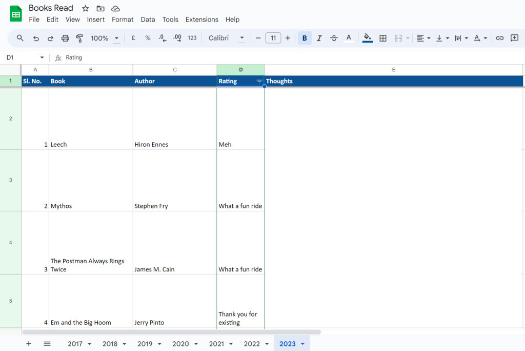 Using Sheets to organize my reading effort